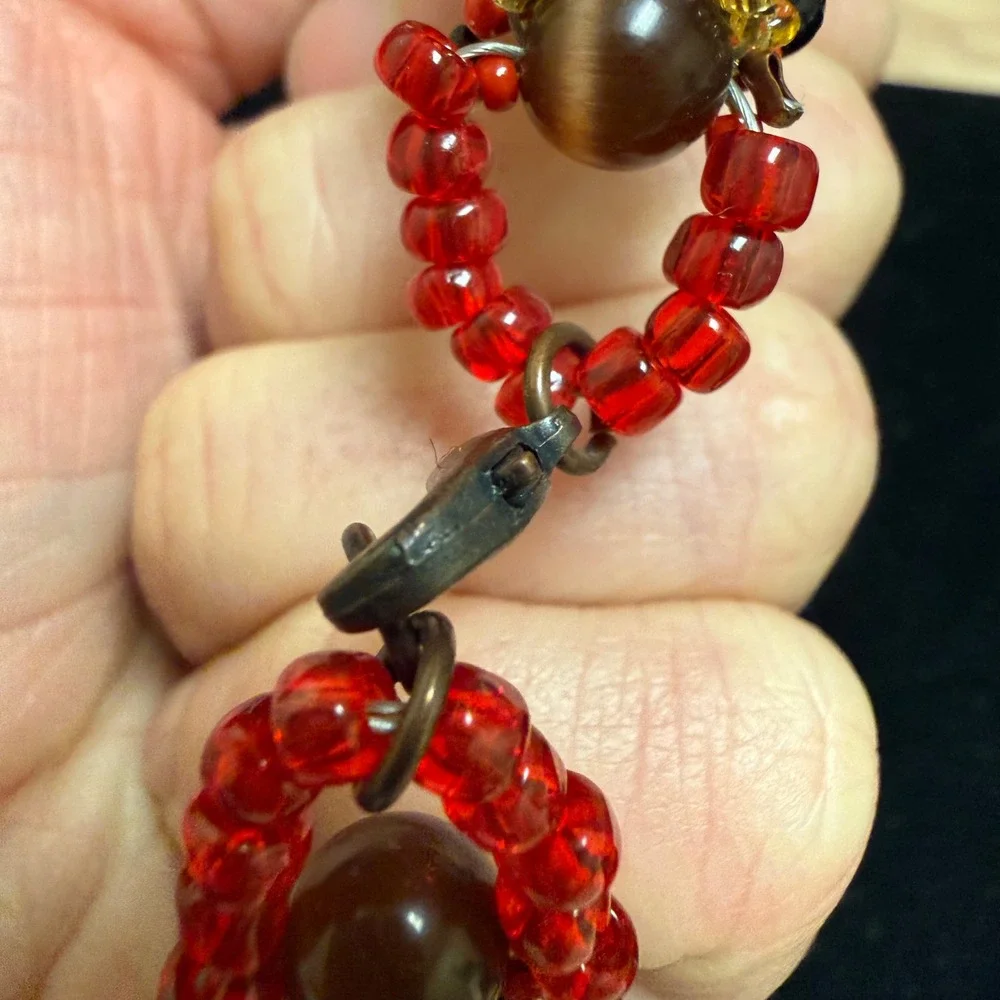 Handmade Beaded Woven Bracelet Red Amber‎ Brown Glass Crystal Boho Statement